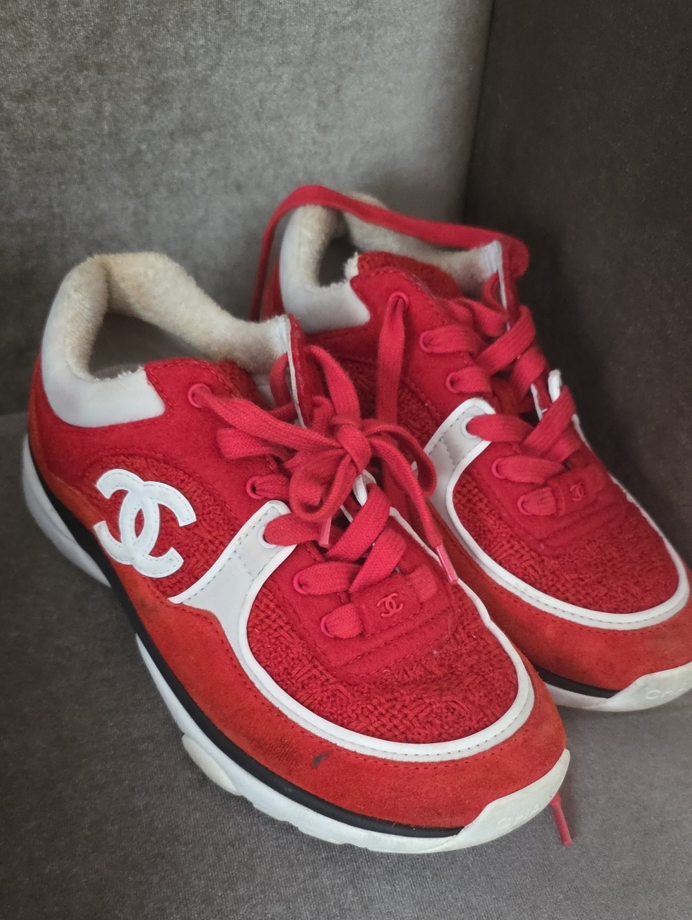 CHANEL  Red and White Logo Lace-Up Sneakers